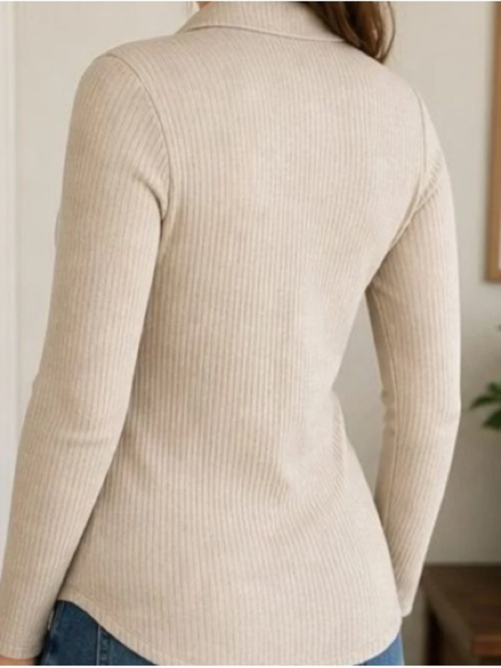 Button-Front Ribbed Collar Top in Beige - Picture 3 of 3